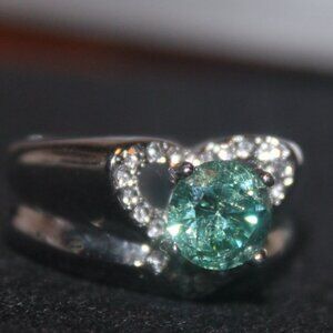 Aqua Teal Blue Genuine 2 Carat Moissanite w Heart Like Surrounding Stones Ring